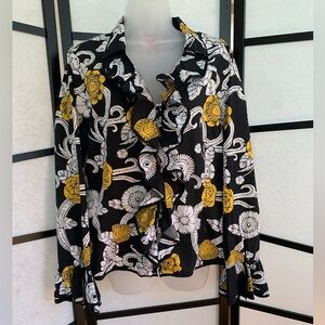 Oscar by Oscar de La Renta Floral Blouse ~ Ruffles, Black, White & Yellow  ~ 16